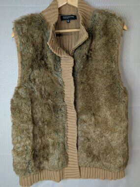 JONES NEW YORK Signature Faux Fur Knit Vest Brown Gold Zip XL